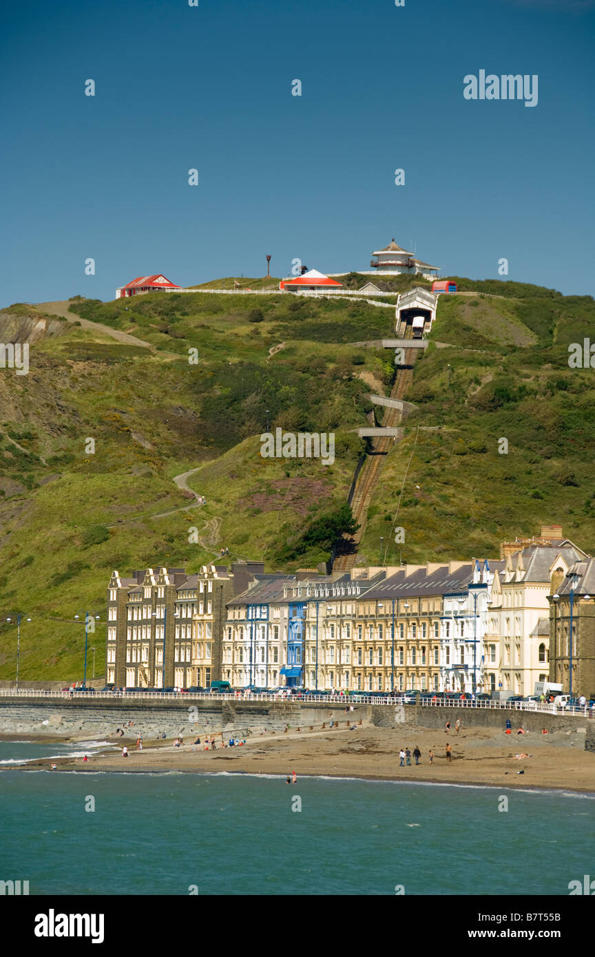 Colourful house of Victoria Terrace overlooking North Beach with Aberystwyth Cliff Railway in