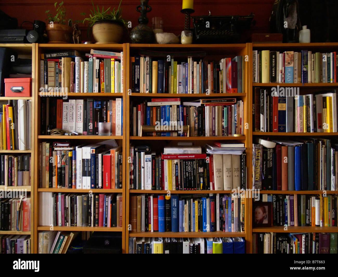 Entire wall covered with sagging bookshelves and bursting with books in