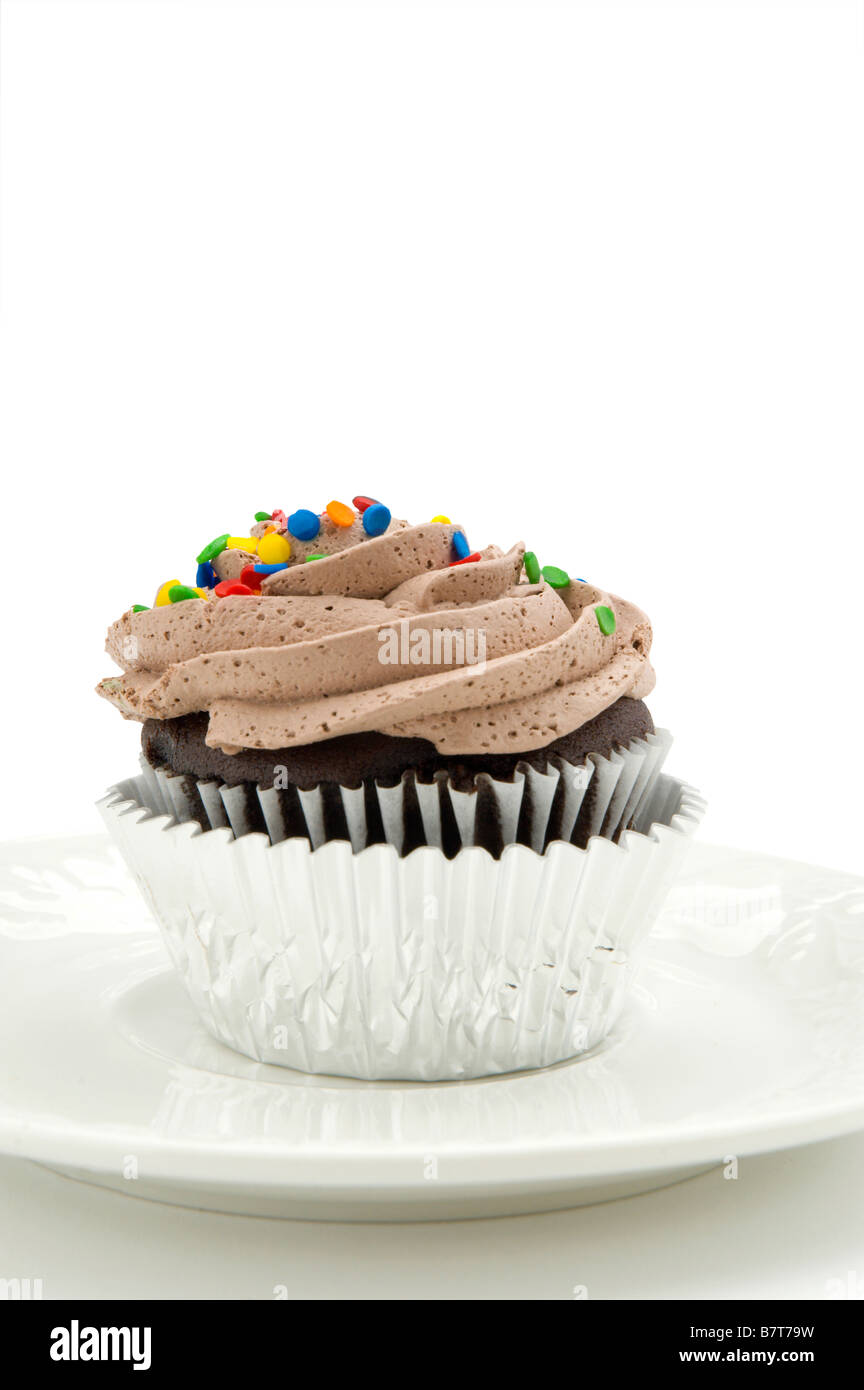 Fresh chocolate cupcake from the bakery on white plate Stock Photo