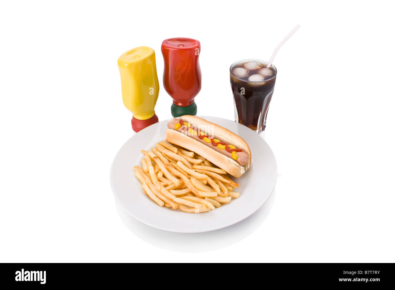 Fast food meal with Hotdog, French fries and a Cola in a dish Stock Photo