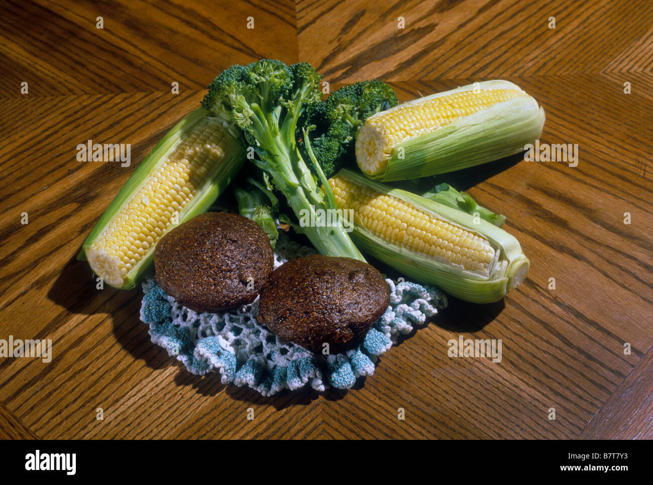 high fiber foods include broccoli, corn and bran muffins Stock Photo