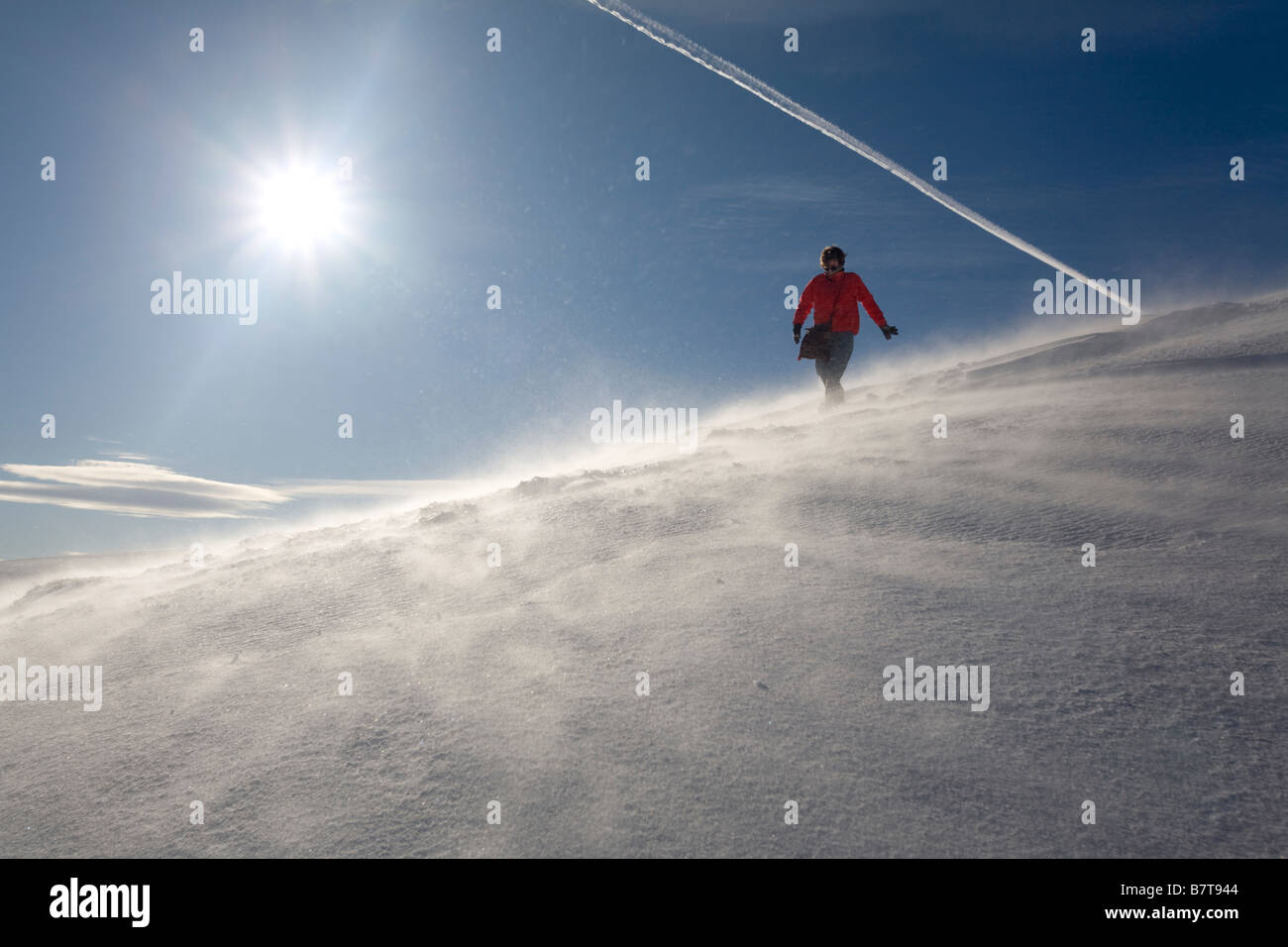 A Lady hiker having some difficulty advancing in the snow (France). Randonneuse progressant difficilement dans la neige (France) Stock Photo