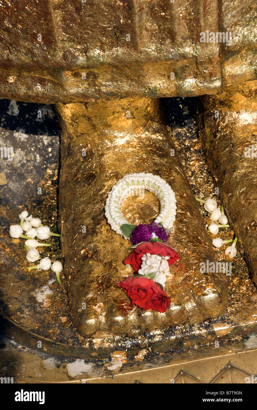 Flower offering Wat Intharavihan temple in Dusit district of Bangkok in Thailand Stock Photo