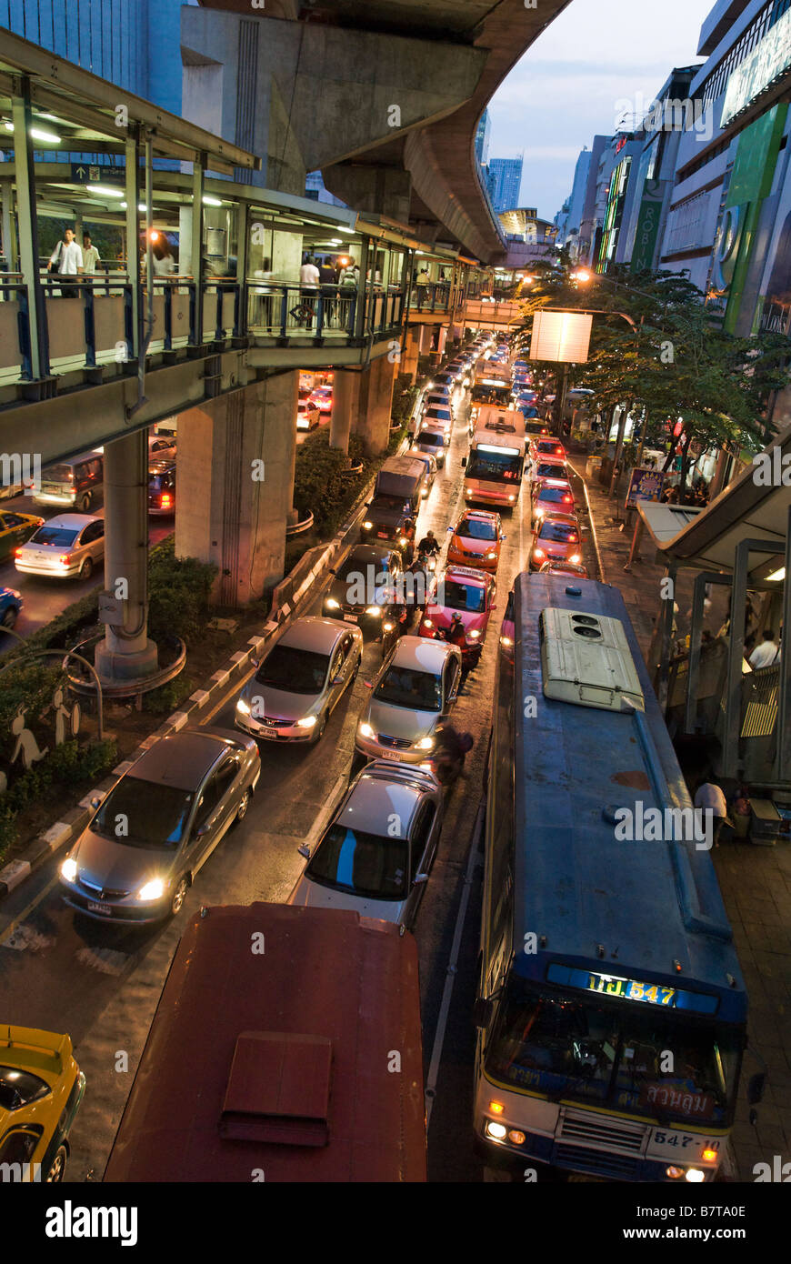 Heavy traffic congestion Pathumwan district in central Bangkok Thailand Stock Photo