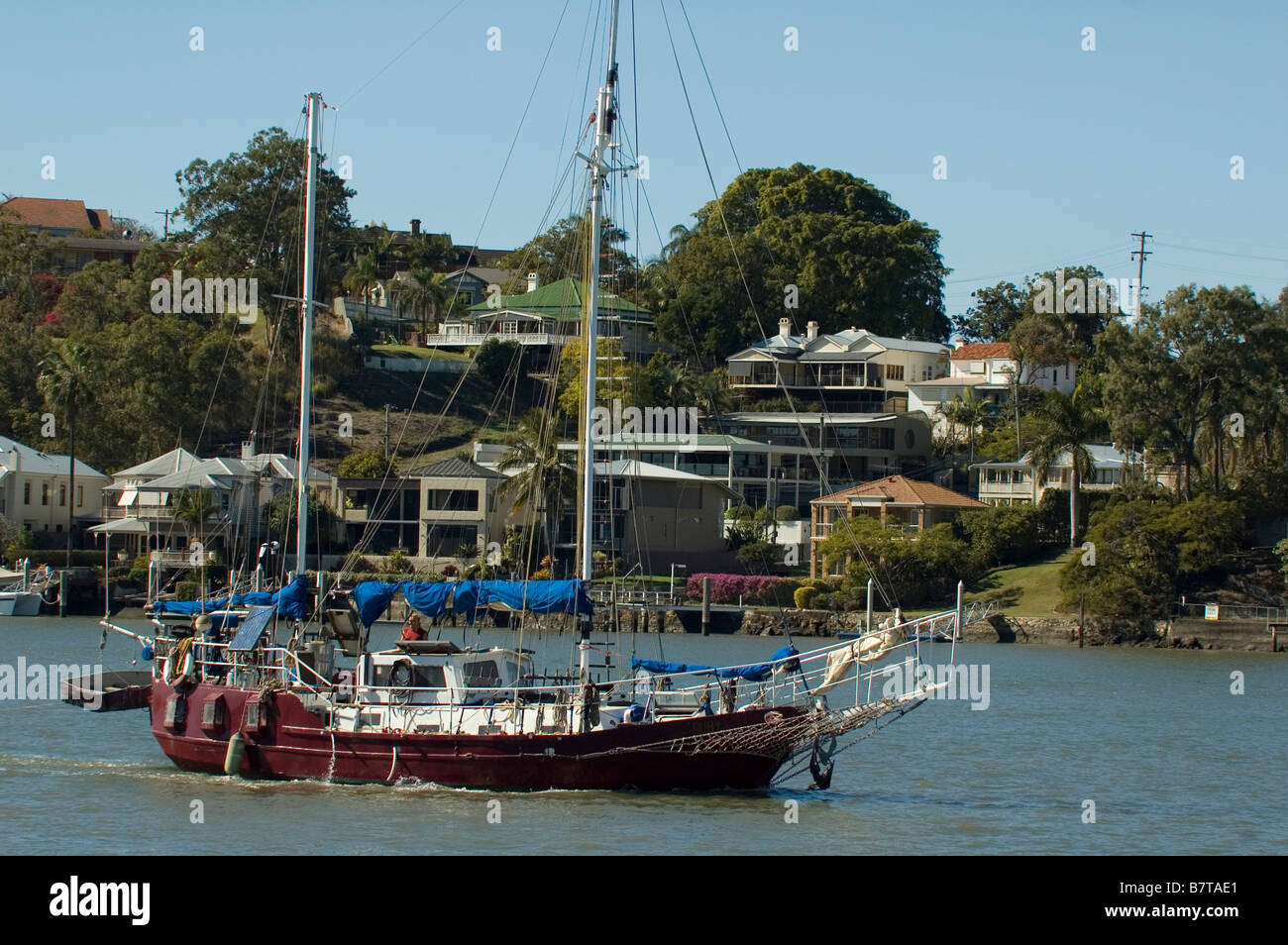 Sailing ketch on the Brisbane River , Queensland , Australia Stock