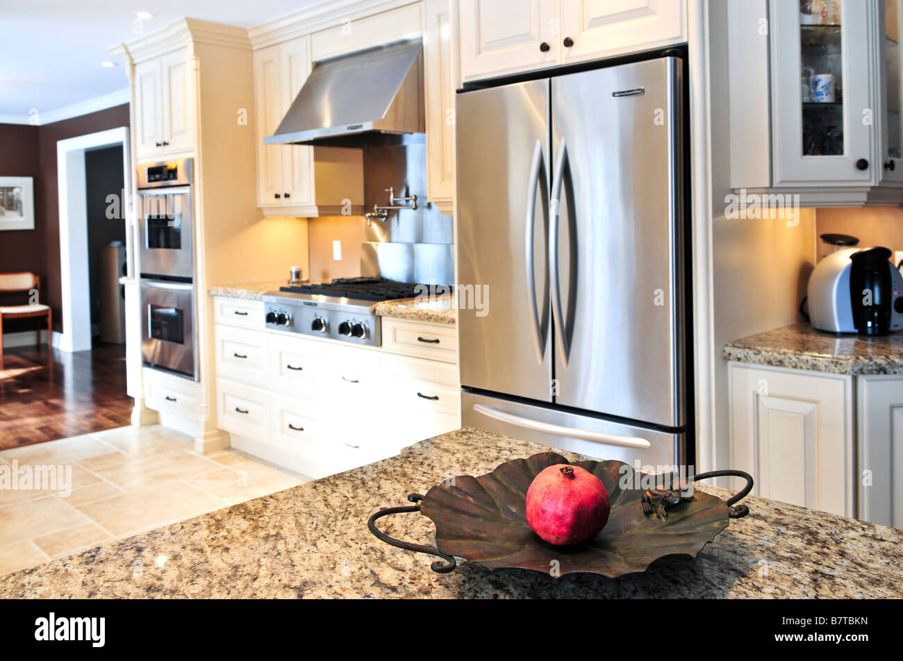 Interior of modern luxury kitchen with stainless steel appliances Stock Photo