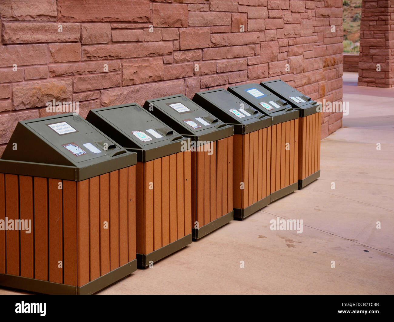 Refuse and recycling containers at the entrance to Arches National Monument near Moab, Utah. Stock Photo