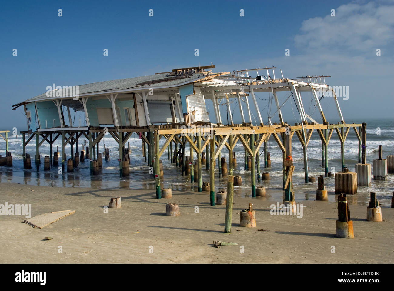 Remains of souvenir shop destroyed by Hurricane Ike in 2008 on beach at Seawall Boulevard in Galveston Texas USA Stock Photo