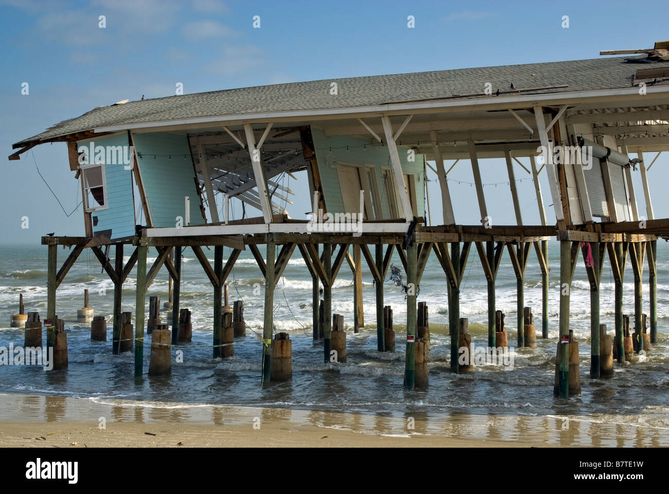 Remains of souvenir shop destroyed by Hurricane Ike in 2008 on beach at Seawall Boulevard in Galveston Texas USA Stock Photo