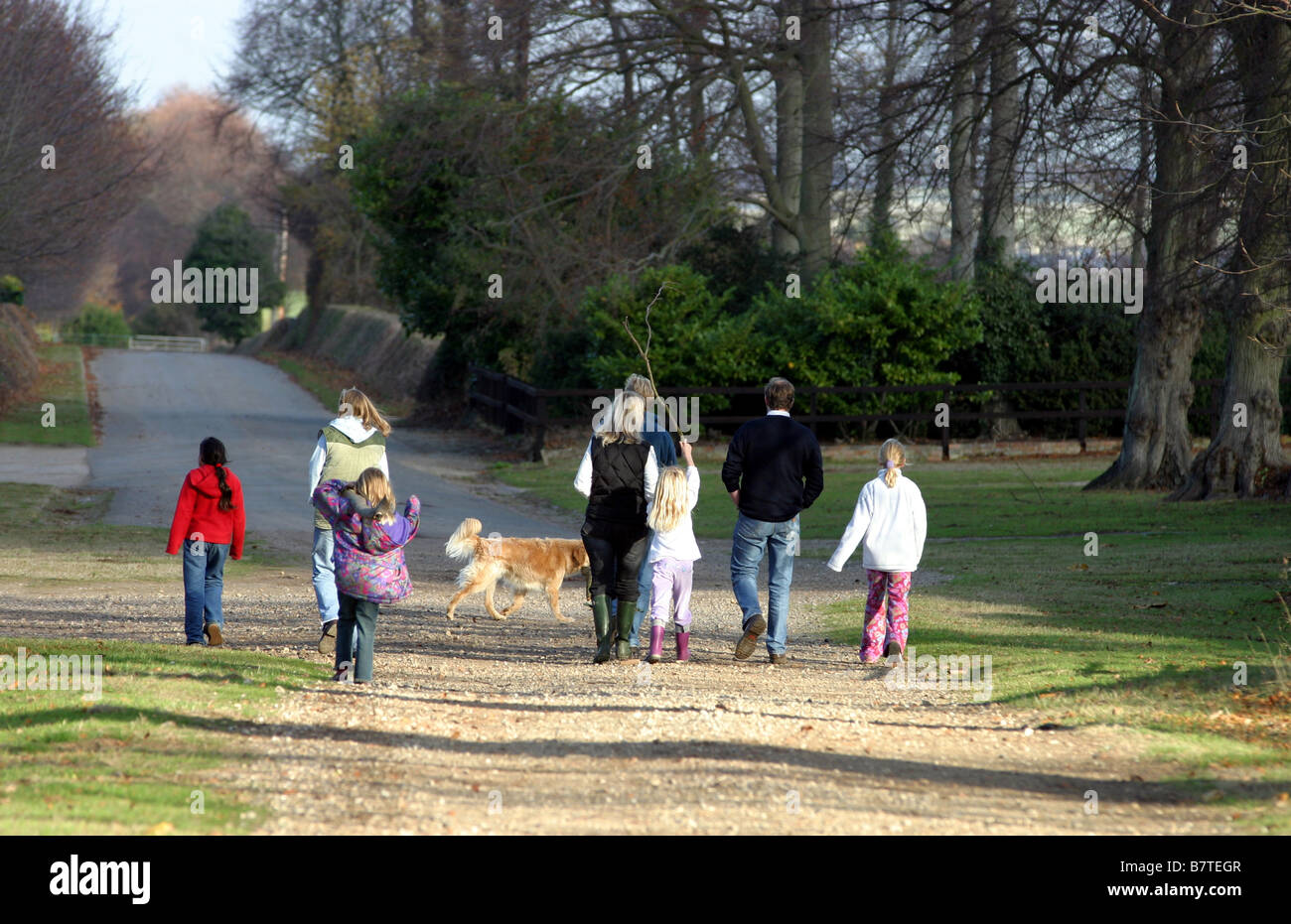 A family out walking the dog in the english countryside, Newmarket Suffolk UK Stock Photo