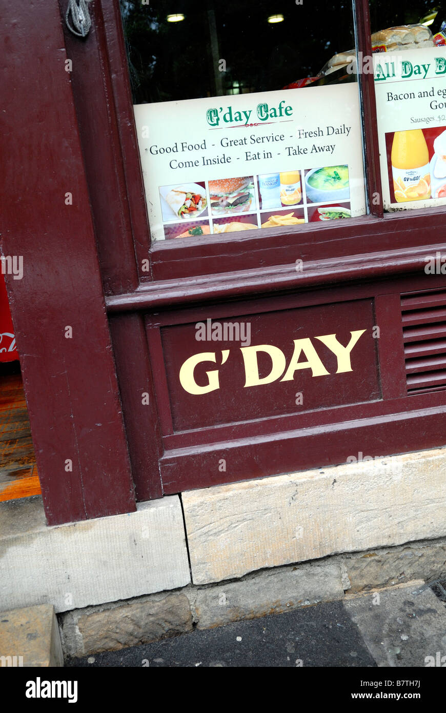 'G'day' sign on cafe. The Rocks, Sydney, Australia Stock Photo
