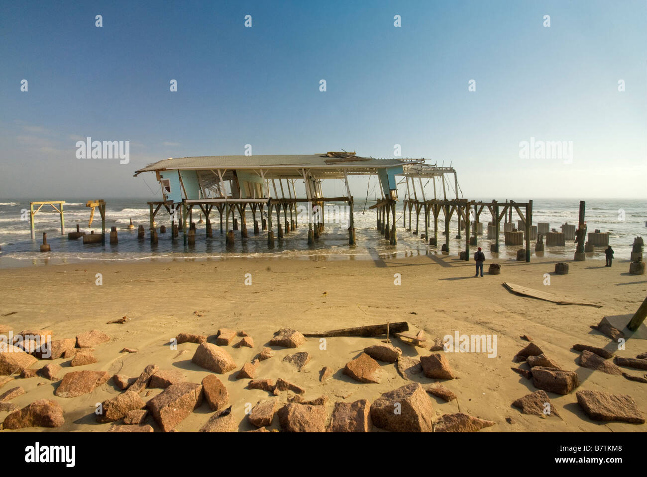 Remains of souvenir shop destroyed by Hurricane Ike in 2008 on beach at Seawall Boulevard in Galveston Texas USA Stock Photo