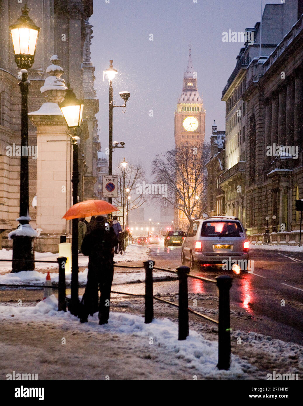 Snow at the Corner Of birdcage Walk With Big Ben London UK Europe Stock Photo