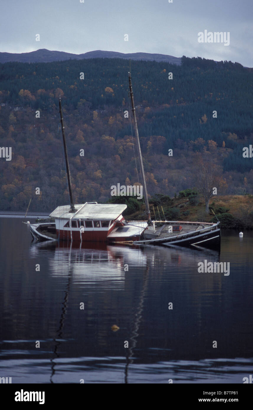 Sunken boat, Scottish loch. Stock Photo