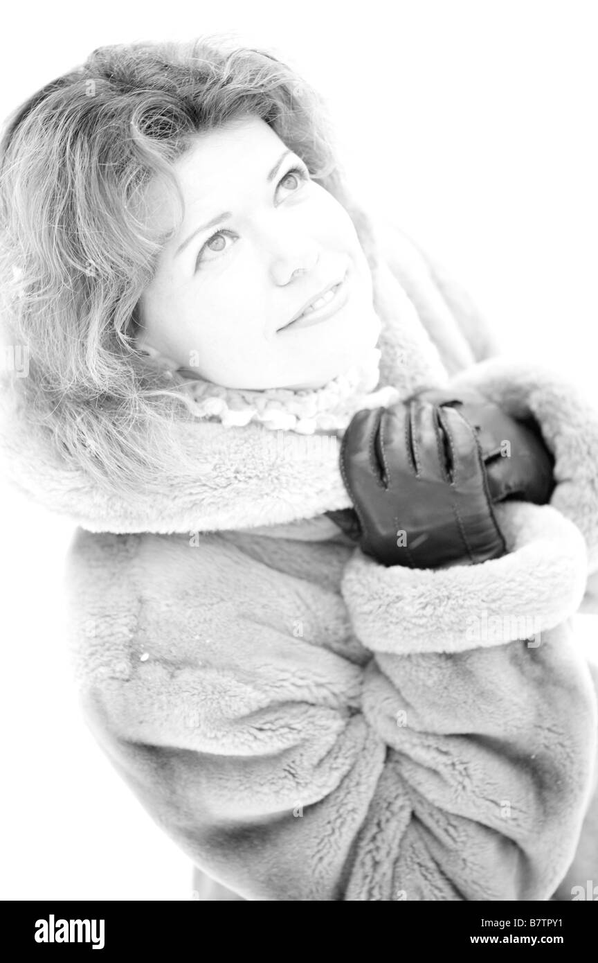 portrait on white woman in the fur coat Stock Photo - Alamy
