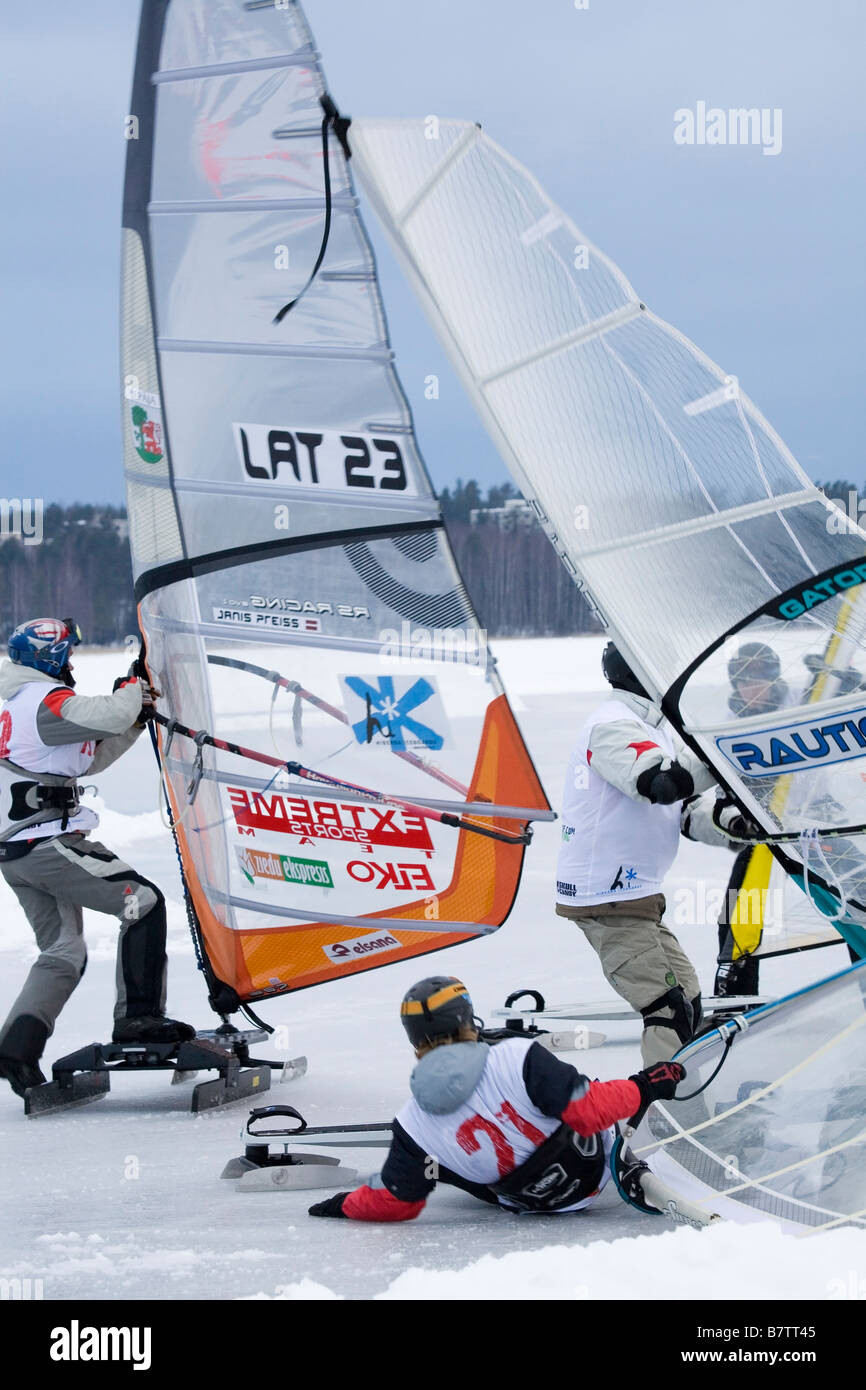 windsurfing on lake ice in winter Finland Stock Photo Alamy