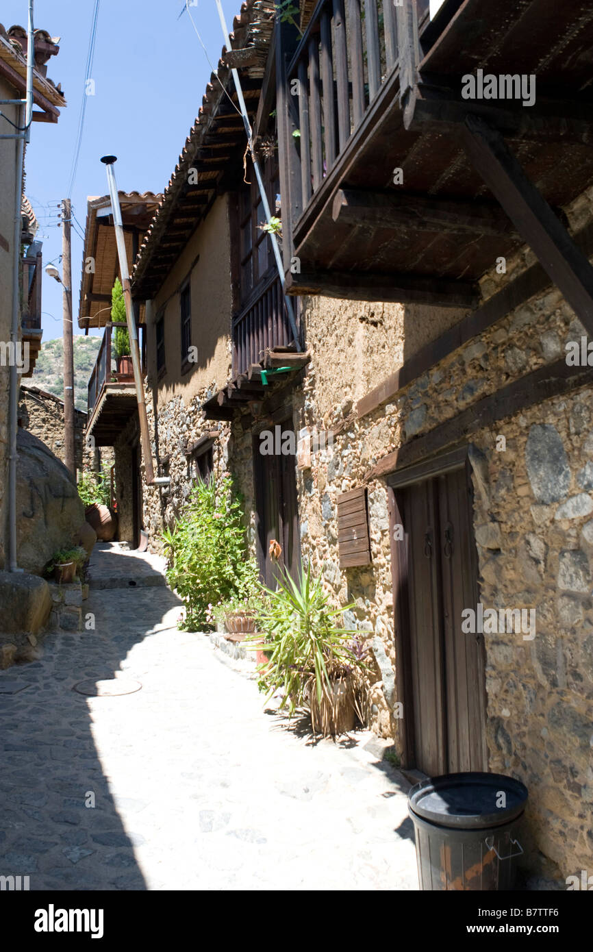 Kakopetria village view scene with coloured stone house wall and balcony in Troodos mountains, South Cyprus Stock Photo