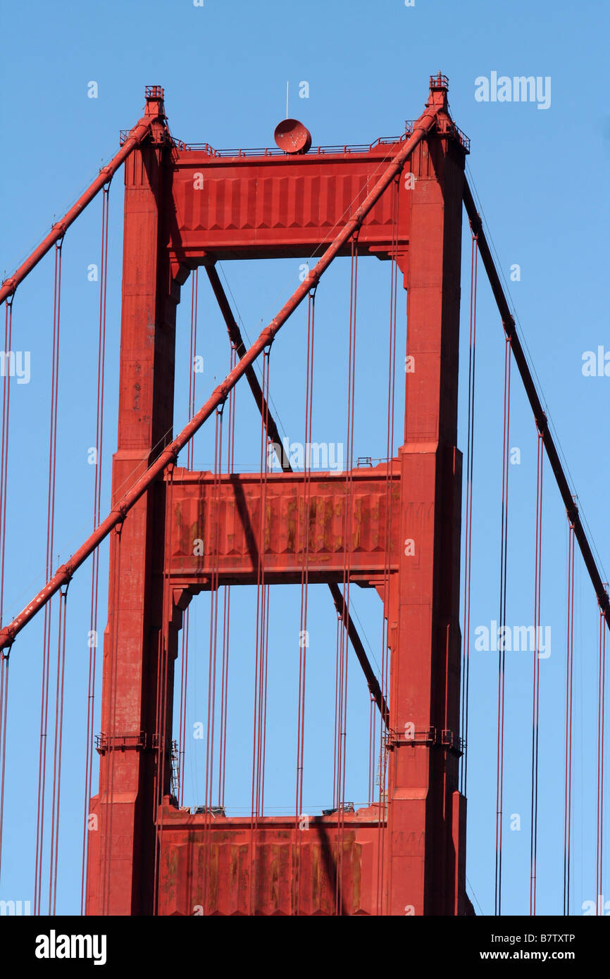 Close up view of the south tower and cables of the Golden Gate Bridge