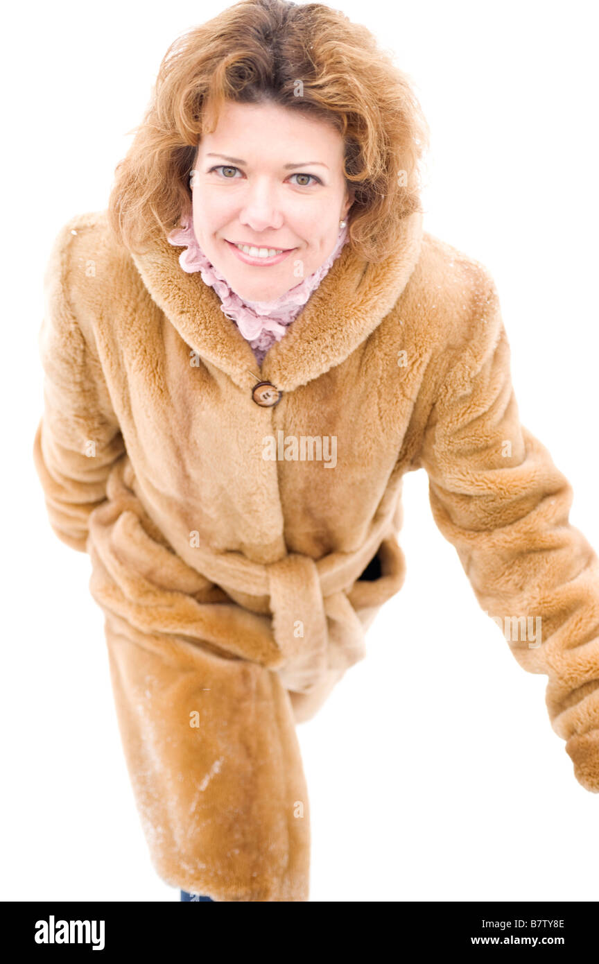 portrait on white woman in the fur coat Stock Photo - Alamy
