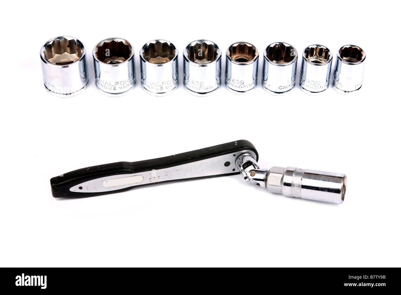 A socket wrench mechanics tool against a white background Stock Photo