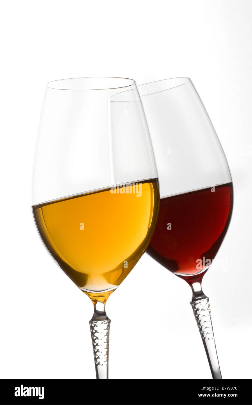 Two glasses of red and white wine on white background Stock Photo - Alamy