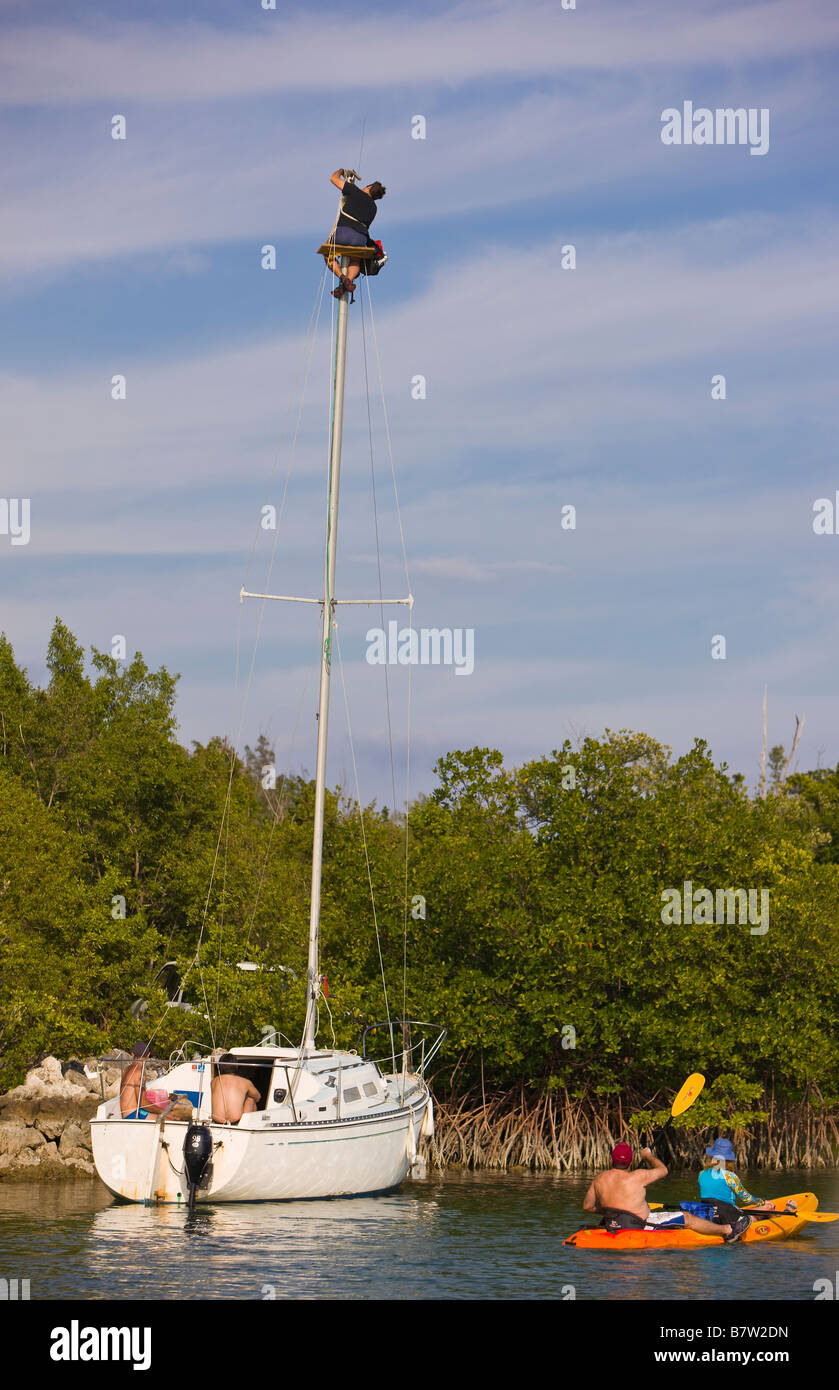 MIAMI BEACH, FLORIDA USA Man in Bosun's chair repairs mast on