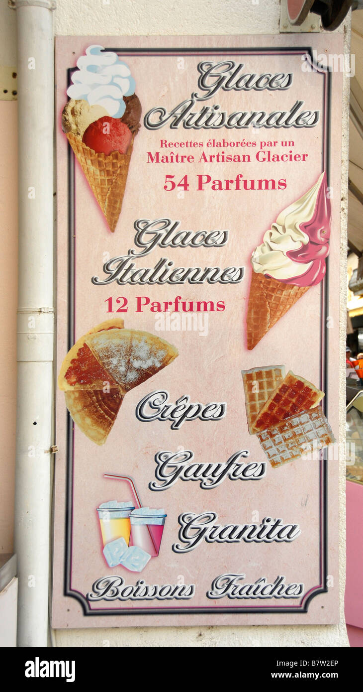 Ice cream, crepes and waffles sign, Aigues Mortes, Southern France, Europe Stock Photo