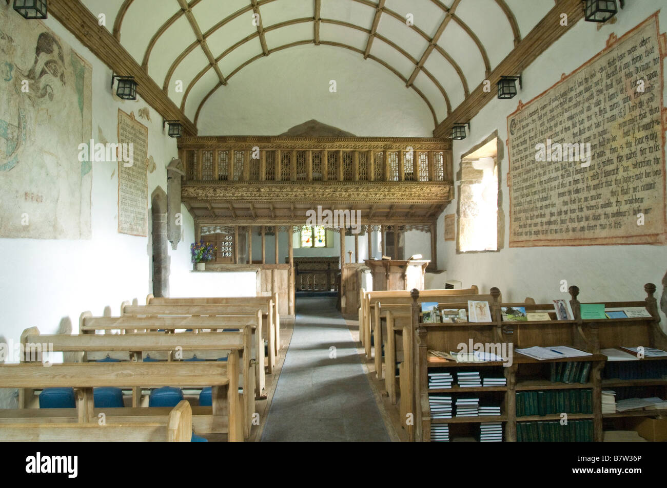 The interior of Partrishow Church in Monmouthshire showing the famous rood screen Stock Photo