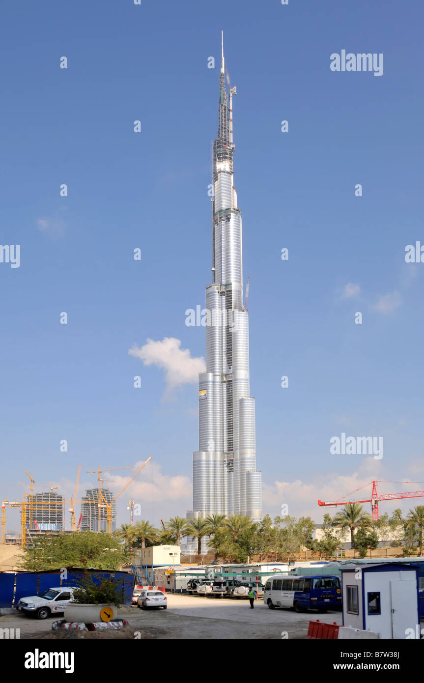 The Burj Khalifa Dubai building in the United Arab Emirates with construction site in foreground Stock Photo