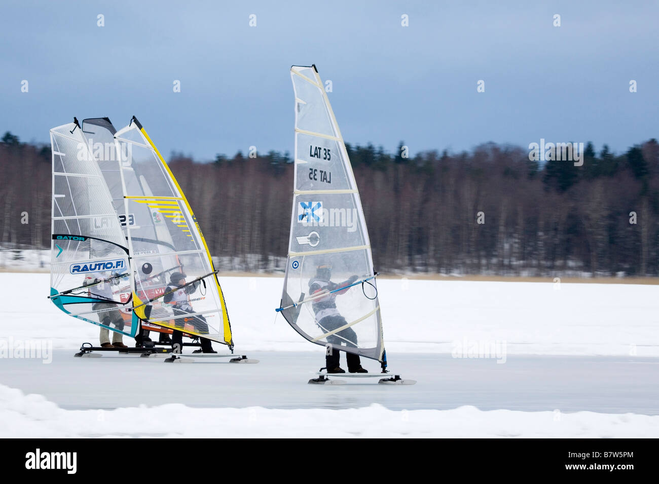 windsurfing on lake ice in winter Finland Stock Photo Alamy