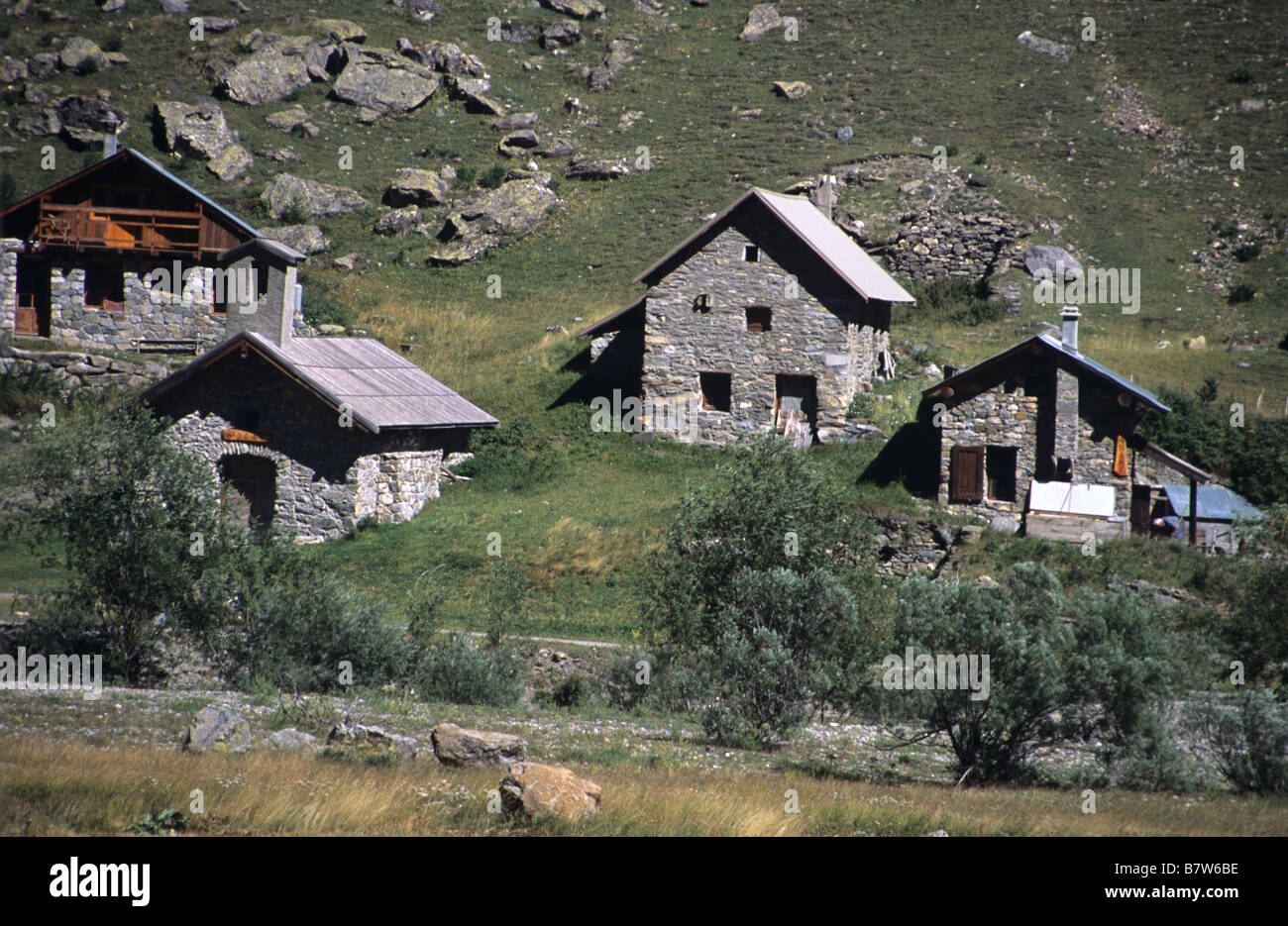 Stone-built Chambran Chalets on Upper Pasture of La Vallouise, Ecrins National Park, French Alps, France Stock Photo