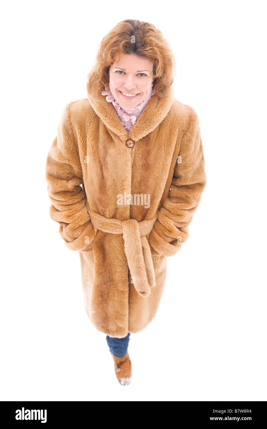 portrait on white woman in the fur coat Stock Photo - Alamy