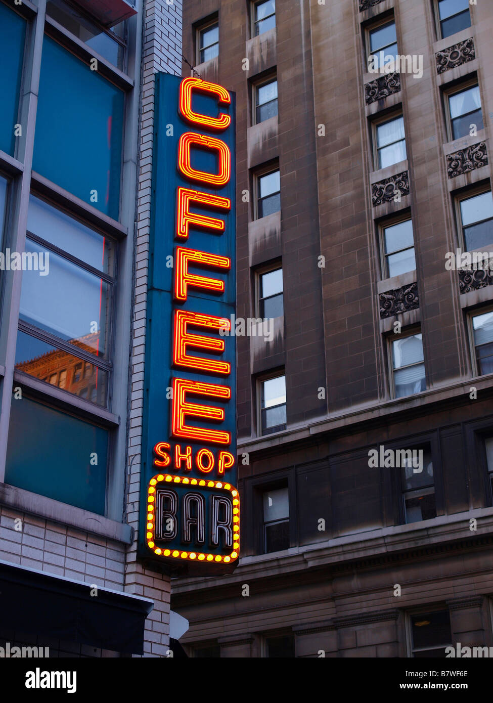 The famous neon sign on the exterior of the famous "Coffee Shop" on