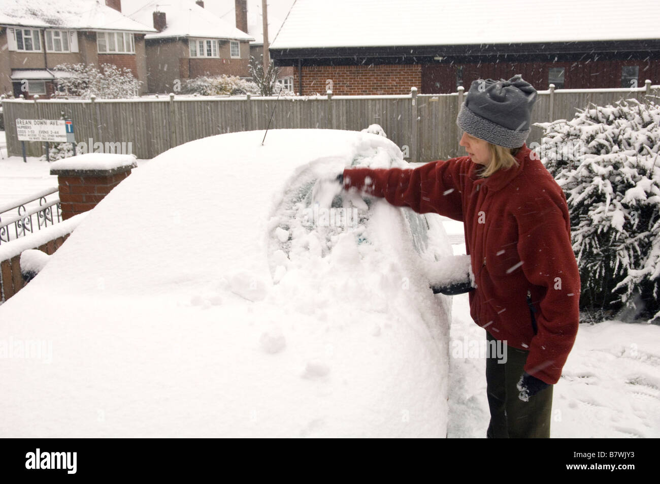 Clearing snow from car, UK Stock Photo Alamy