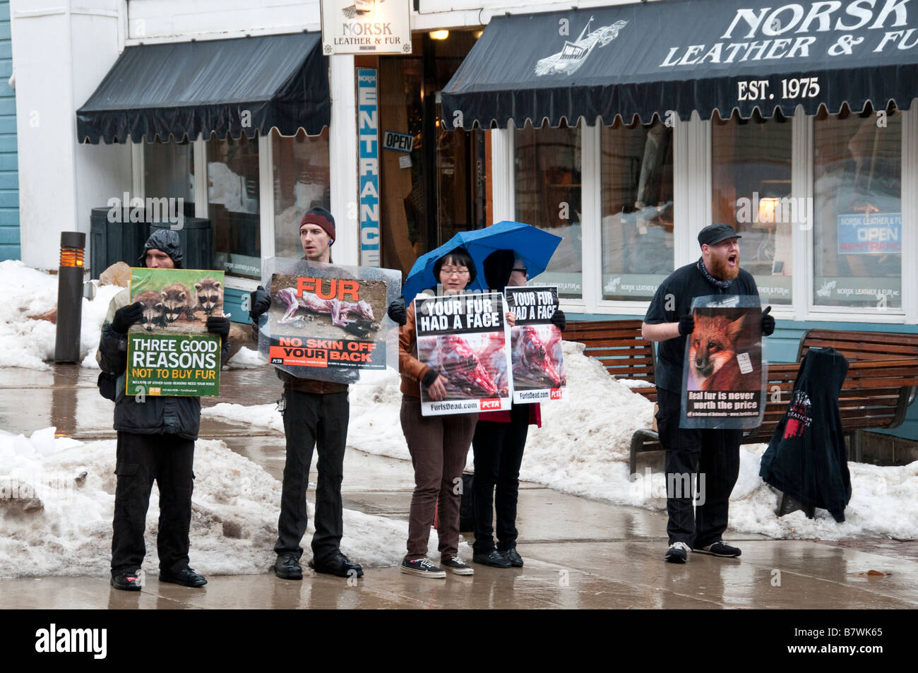 Fur protestors on Main Street, Old Town, Park City, Utah. Stock Photo