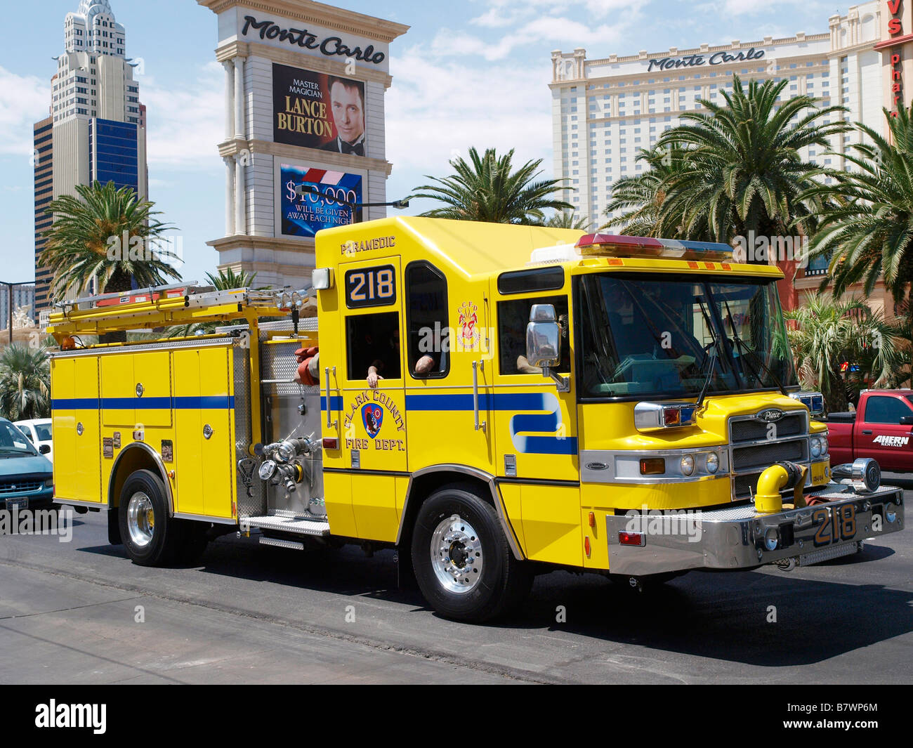Pierce Quantum Fire Truck of the Clark County Fire Department on Las Vegas Boulevard Las Vegas Nevada USA. Pride of the Strip. Stock Photo