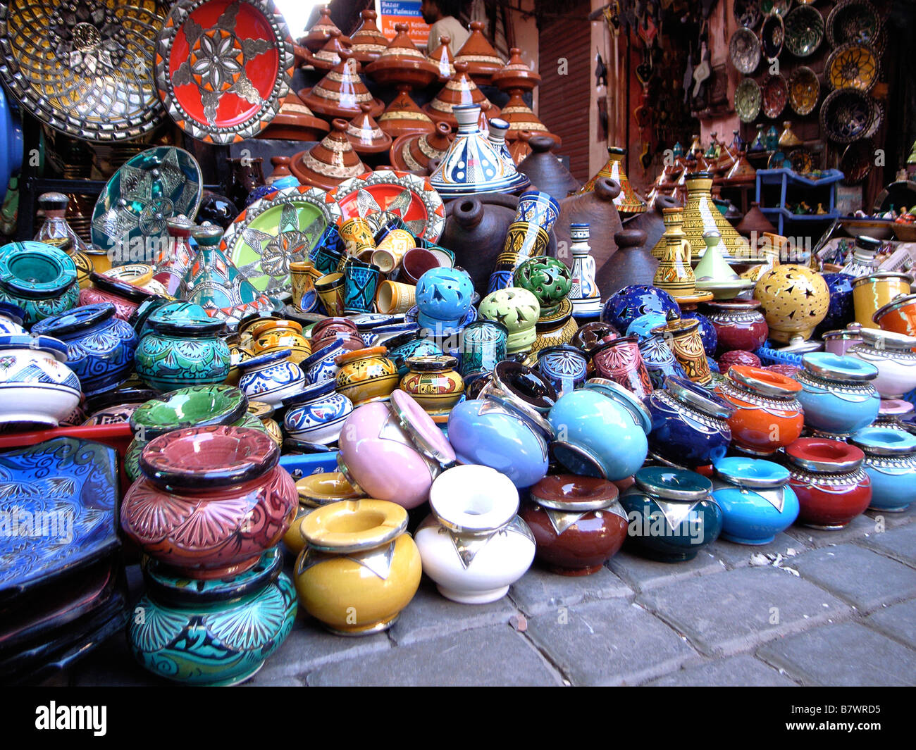 Pots for sale in a souk, Marrakech, Morocco Stock Photo
