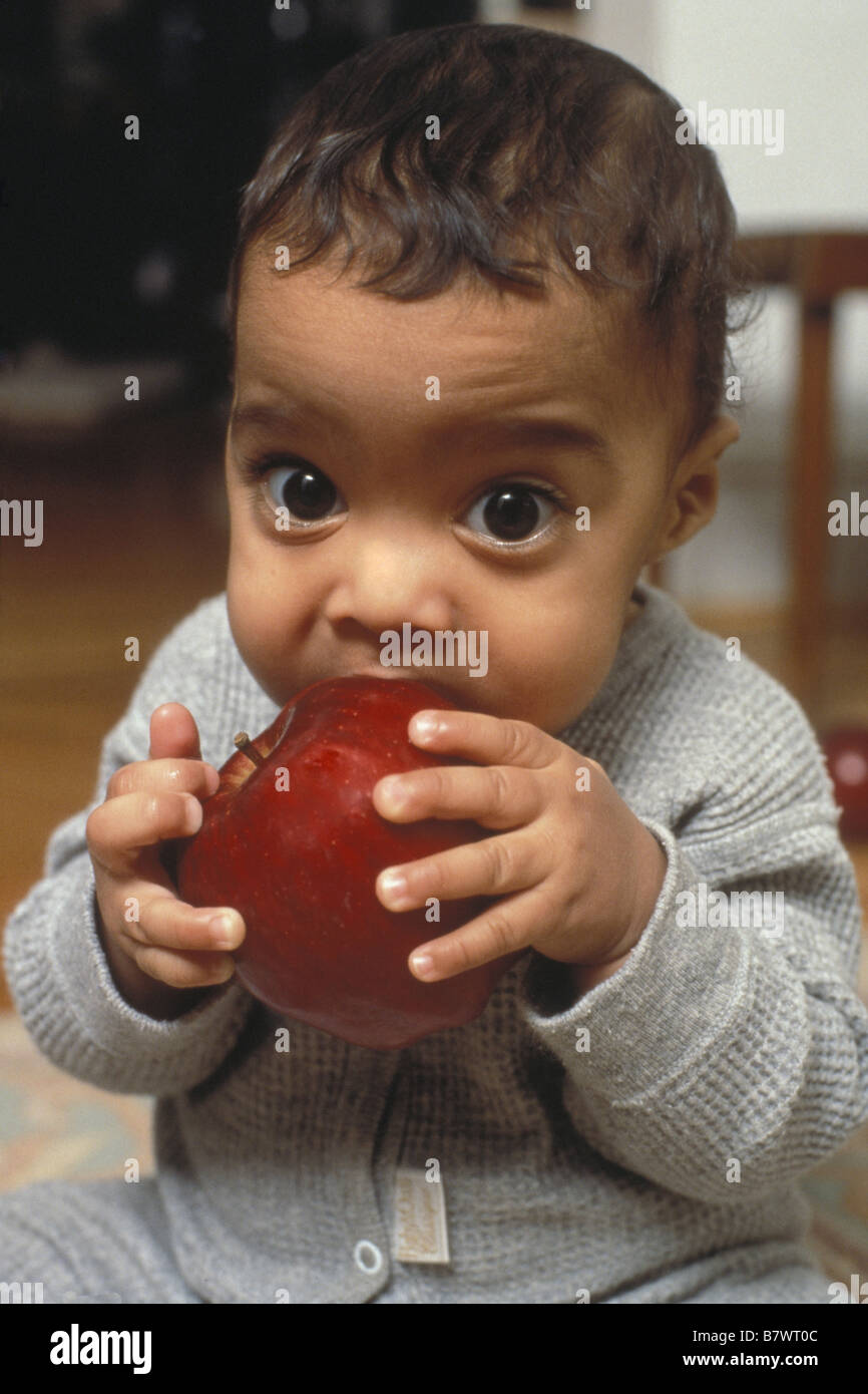 Baby teething on an apple Stock Photo