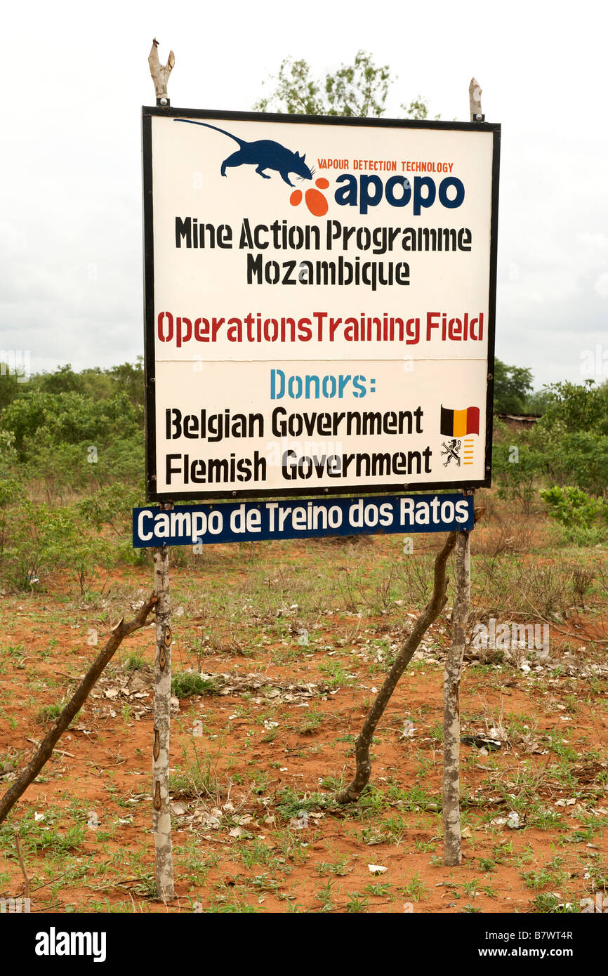 Sign for the APOPO mine action program at the operations base near Mpelane in Gaza Province, Mozambique. Stock Photo