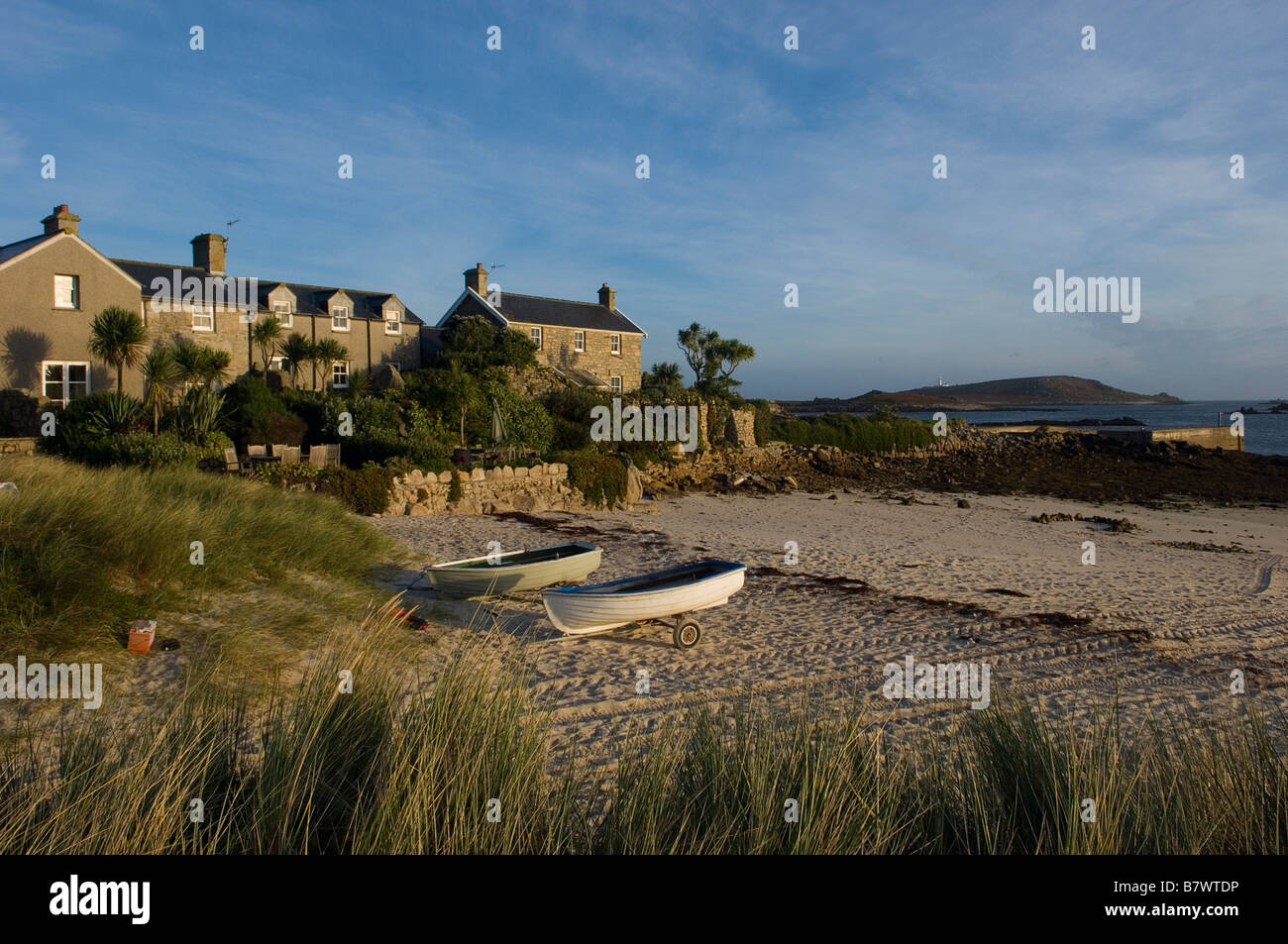 Seaside cottages at Old Grimsby quay. Tresco. The Isles of Scilly Stock