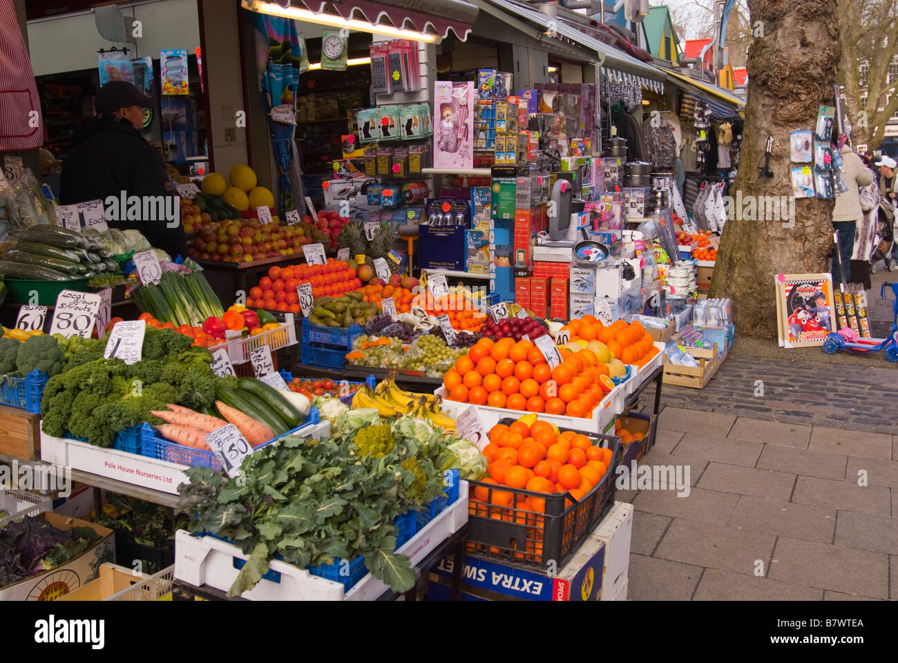 Fruit and Veg shop store stall on Norwich outdoor market outside
