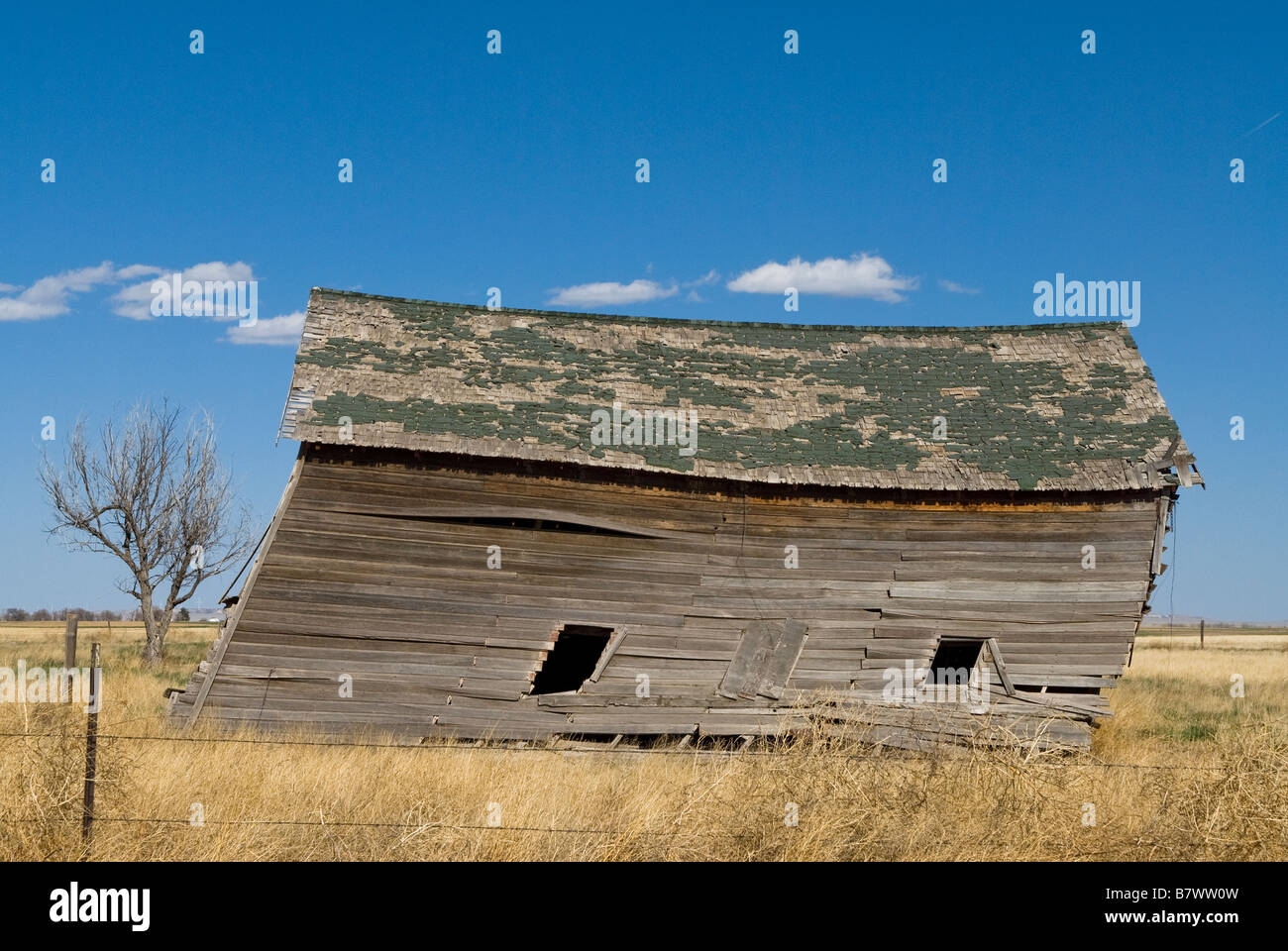 Old crooked, slanted barn on the grasslands in late spring Stock Photo