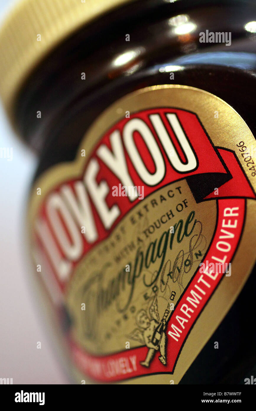 Limited Edition Jar of 'I LOVE YOU' Marmite containing Champagne. Stock Photo