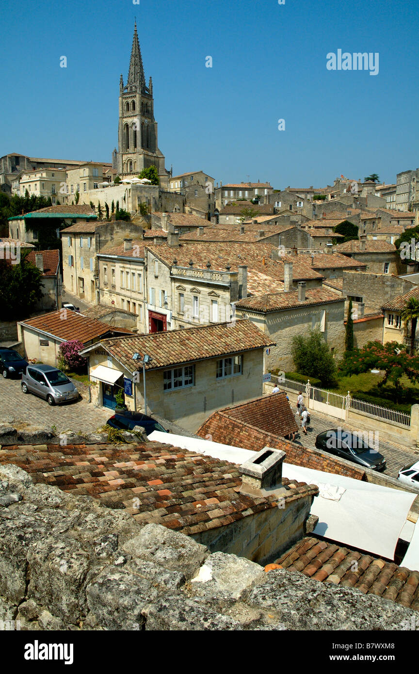 The bell tower and rooftops Saint-Émilion, Bordeaux, France. Stock Photo