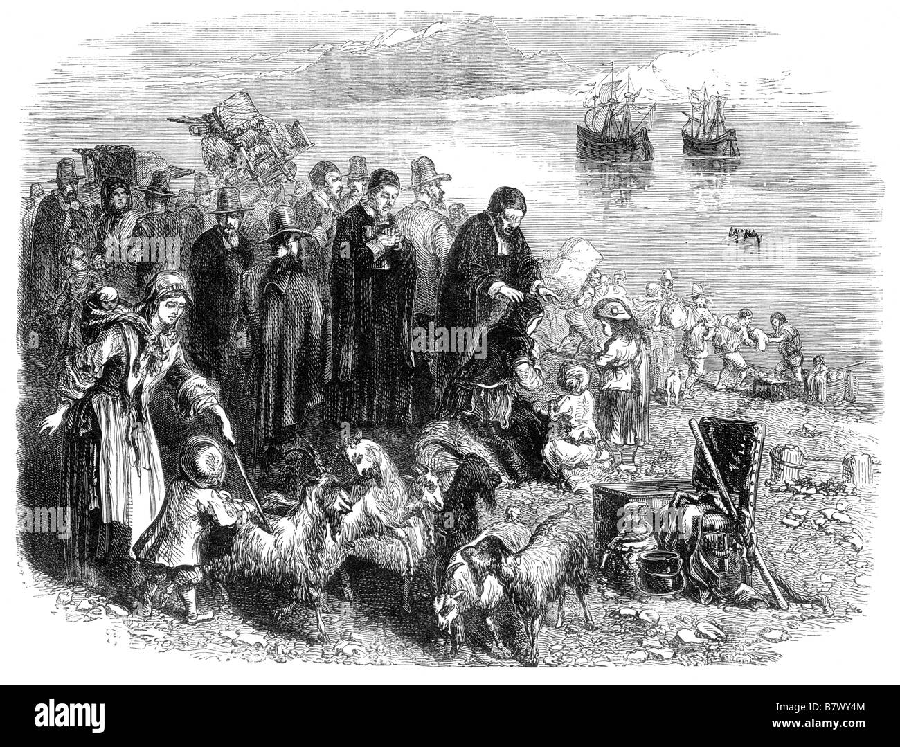 Puritans Embarking for the Colonies England 17th Century Illustration Stock Photo