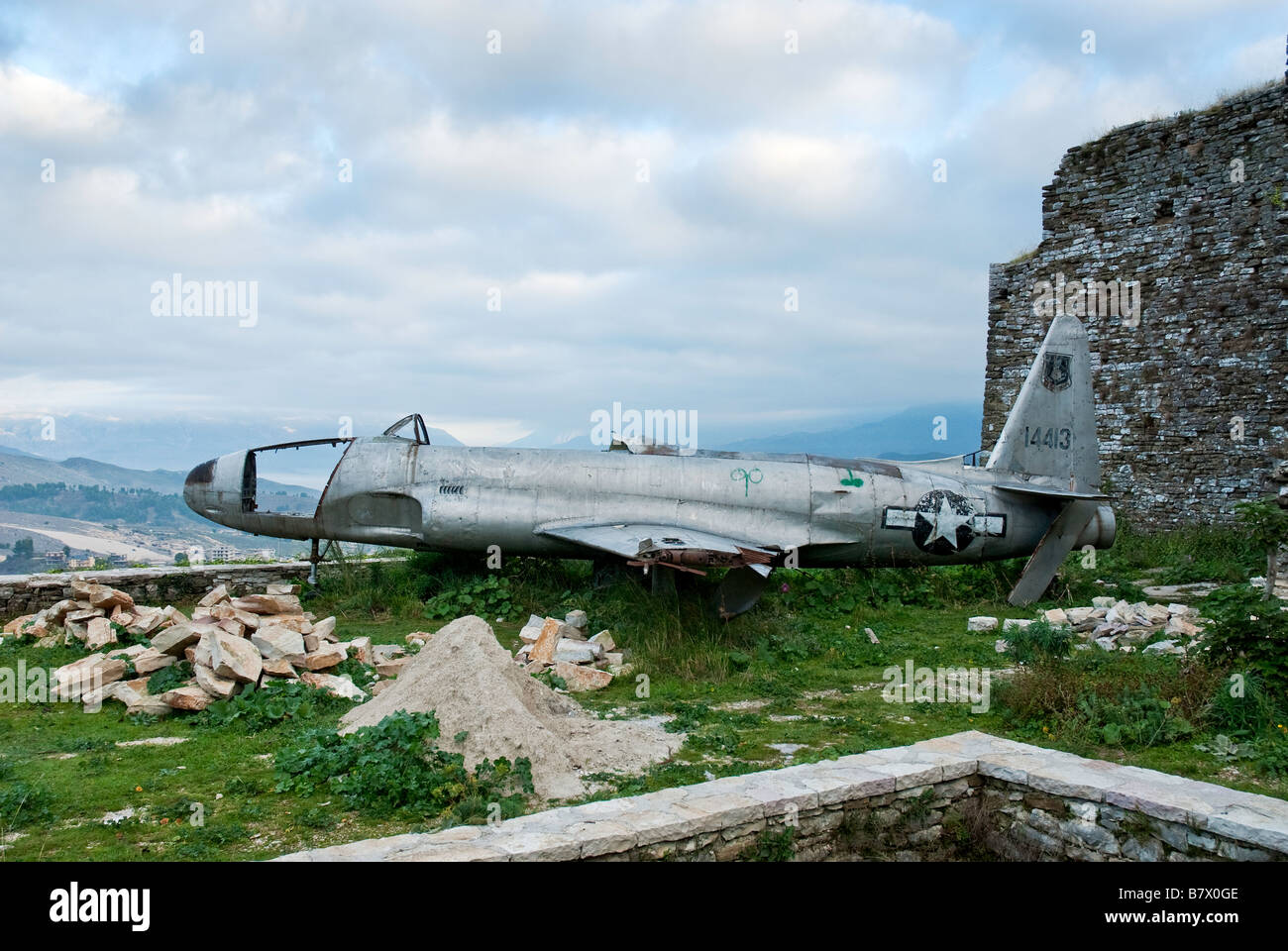 downed american fighter airplane wreck in fort in gjirokaster, albania Stock Photo