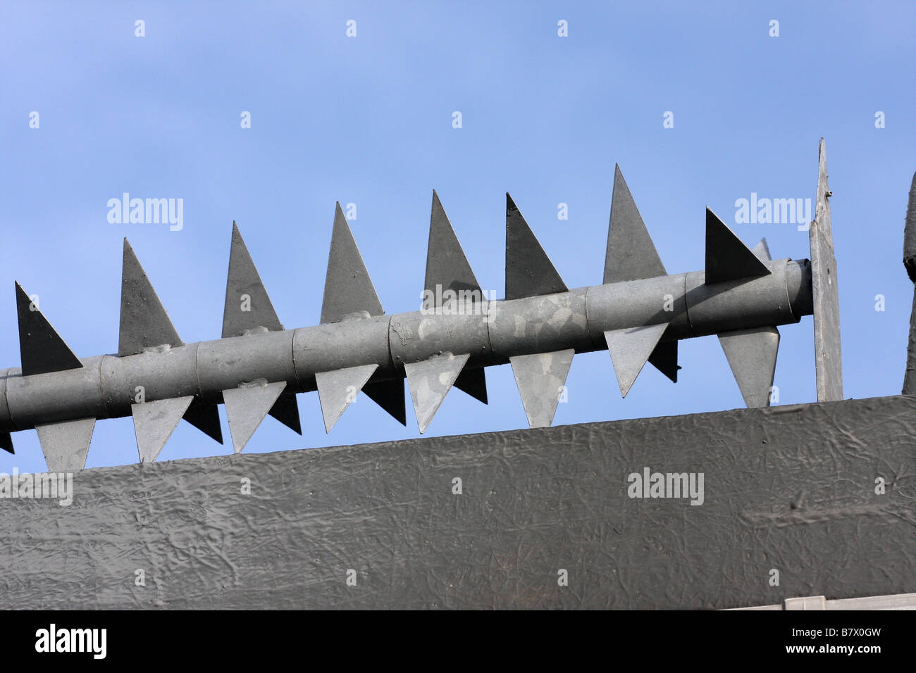 Steel revolving teeth on a mounting bar on a wall top to prevent people climbing over the wall. Stock Photo