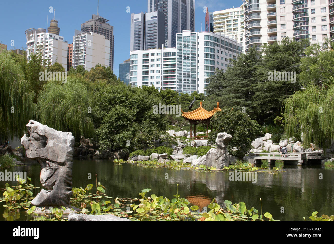 The Chinese Garden of Friendship in Darling Harbour with the city buildings behind it, Sydney The Chinese Garden of Friendship in Darling Harbour with the city buildings behind it, Sydney
