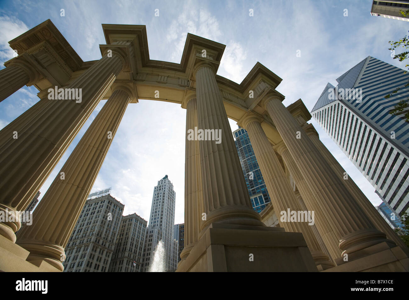 ILLINOIS Chicago Wrigley Square and Millennium Monument in Millennium Park peristyle with Doric columns Stock Photo