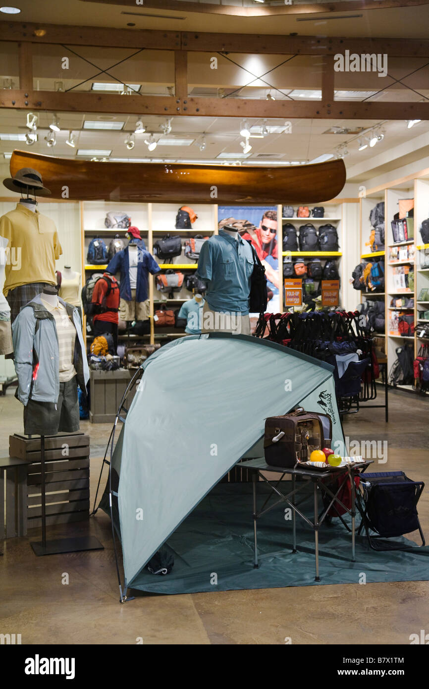 ILLINOIS Chicago Merchandise displayed for sale in retail store tent camping equipment and outdoor clothing in Eddie Bauer shop Stock Photo